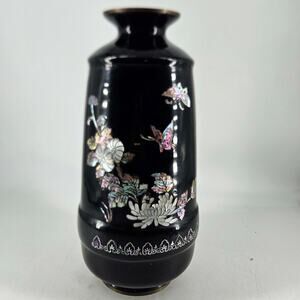 Vintage Black enamel on brass Mother of Pearl Abalone Inlay butterfly Flower